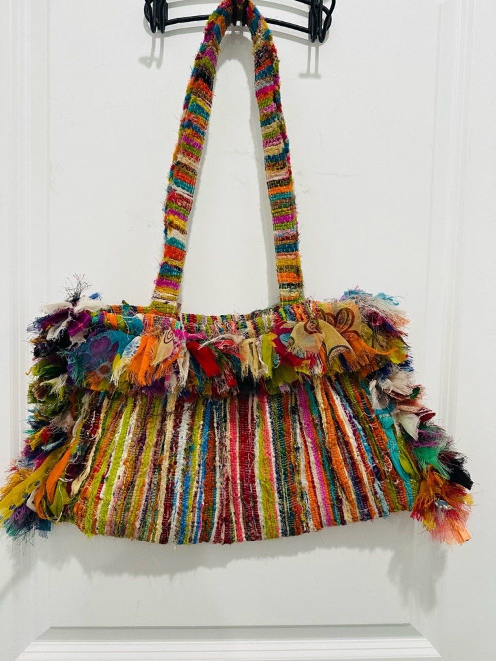 Boho Multicolor Silk Blend Rag Bag Fringe Shoulder Bag - Vibrant Striped Tote